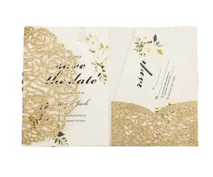 Elegante Champanhe Ouro Glitter Bolso Cartão Do Convite Do Casamento Corte Do Laser Convites Cartões De Presente Festa Decoração Convidar