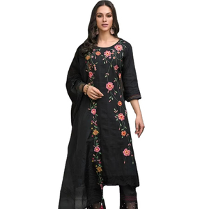 Pure Cotton Kurti Set with Thread Mirror Work Fancy Cotton Pant Bottom with Pure <b>Organza</b> Duppata Suit - Product Image 1