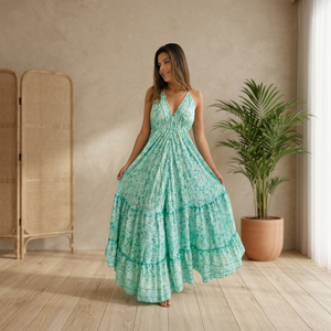 Vestido maxi de algodón con estampado floral bohemio natural, cuello en V, tirantes finos, cintura imperio, corte en A, largo hasta el suelo, vestido de verano para mujer - Product Image 3
