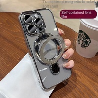 Coque de téléphone de luxe avec cadre électroplaqué, dos transparent en TPU et support métallique pour Apple iPhone 16 15 14 Plus 13 12 11 Pro Max 17 Air