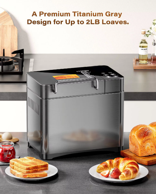 710W 2LB Bread Maker Dual Heaters, 17-in-1 Stainless Steel Bread Machine with Healthy Ceramic Pan, Automatic Nut Dispenser