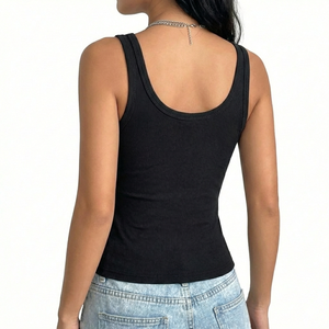 Top de tirantes acanalado liso de moda para mujer, sexy, ajustado, con cuello redondo, chaleco informal de verano, camiseta básica, económicos, con etiquetas personalizadas. - Product Image 3