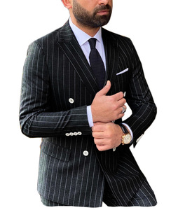 Traje <span class=keywords><strong>Azul</strong></span> a Rayas para <span class=keywords><strong>Hombre</strong></span>, Blazer Cruzado, Traje de Dos Piezas con Solapa en Pico, Corte Entallado, Esmoquin Personalizado para Novio, Trajes de Gala, Ternos - Product Image 3