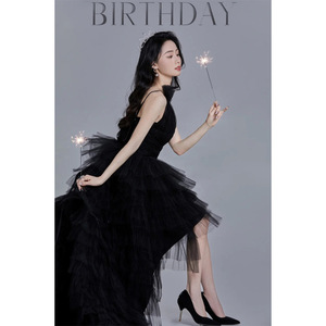 Black Asymmetrical Evening Gown Sweetheart Neckline Organza High Low Train For Weddings Banquets Stage Performances - Product Image 5