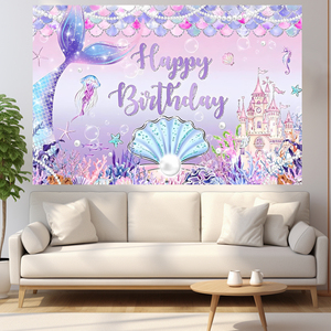 Lila Meerjungfrauenschwanz-Themen-Hintergrundbanner Muschelschloss Happy <span class=keywords><strong>Birthday</strong></span> Dekorationshintergrund für Mädchen-Partyzubehör - Product Image 6
