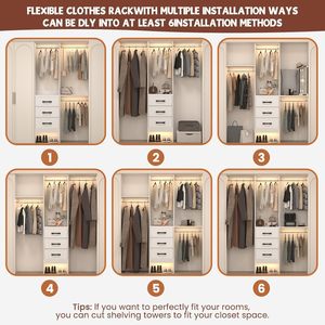 Wall-Mounted Closet Organizer System with 3 Hanging Rods and 3 Drawers Walk-in Wardrobe with <strong>Shelving</strong> for Bedroom Storage - Product Image 3