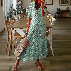 Vestido Largo Casual para Mujer, Estilo Dulce y Holgado, Cuello en V, Manga Farol, Estampado Multicolor, Estilo Retro Simple para Primavera - Product Image 1