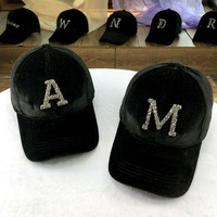 Casquette de baseball noire en velours avec strass et lettres, personnalisable, pour le printemps et l'hiver, style sport et mode, vente en gros