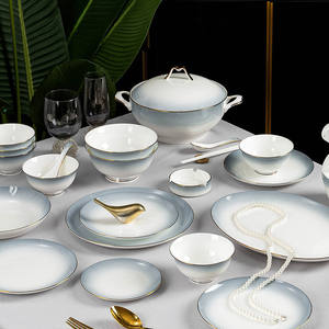 Service de table en céramique dorée Europe, vaisselle de luxe en porcelaine fine, bols à soupe et assiettes grises - Product Image 2