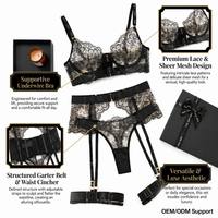 Ensemble de Lingerie de Luxe Quatre Pièces Sexy pour Femme, Dentelle Brodé Cils, Respirant, Effet Amincissant, Méthode de Tissage au Crochet 100%