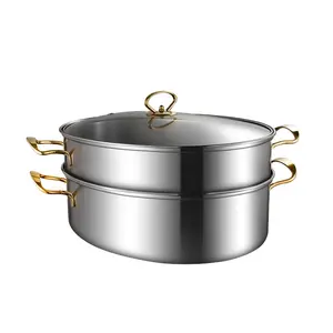 砂锅优质不锈钢椭圆形银金属高镜面抛光热卖鱼蒸锅2层