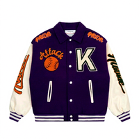 Blouson universitaire en laine violette pour homme, style décontracté preppy, avec lettre K brodée, motif patch de baseball, col montant, coupe-vent d'hiver