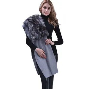 Winter Spring Autumn new arrival grey winter pashmina scarf luxury fashion women wool shawl with fox fur