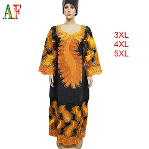 AF Plus Size African Women Embroidery Long Sleeve Maxi Bazin Dress with Stones Matching Headwrap