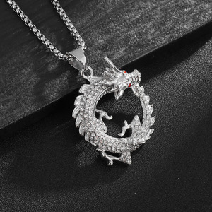 Collier pendentif dragon en acier inoxydable avec serti pavé et œil rouge, bijou unisexe, cadeau - Product Image 2