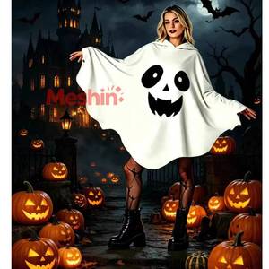 MS Halloween Funny Ghost <b>Poncho</b>, Adult Spooky Face Print Hooded Cape, Cosplay Party Vibe Photo Outfit - Product Image 1
