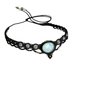 Collier ras du cou en macramé noir fait main, perles de pierre de lune naturelle à reflets bleus, bijoux bohèmes bouddhistes ajustables HARI OM, vente en gros - Product Image 1