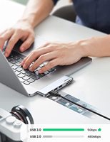 Adaptador USB C UGREEN para MacBook Thunderbolt 3 Hub con 3 USB 3.0, 100W USB C Power Delivery, Lector de Tarjetas Micro SD y SD