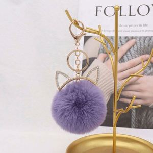Porte-clés de luxe mignon avec oreilles de chat et pompon, boule de fourrure moelleuse, jouet en peluche, pendentif de sac, cadeau, porte-clés en strass - Product Image 6