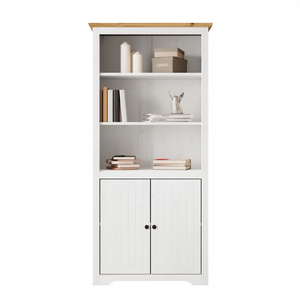 Libreria in legno massello di pino bianco e marrone con 3 ripiani e ante, stile scandinavo, mobile da soggiorno - Product Image 1