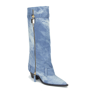 Denim Metallic Lock Shark <strong>Boots</strong> Cowgirls Chunky Heels square Toe Western <strong>Boots</strong> <strong>Cowboy</strong> <strong>Boots</strong> for <strong>Women</strong> - Product Image 3