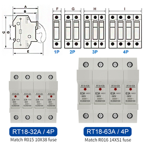 Soporte de fusible de cobre de 1P, 2P, 3P, 4P, RT18-32X, CA ~ 380V, 500V, 10x38mm, montaje de Riel DIN, adaptador inferior con fusible - Product Image 3