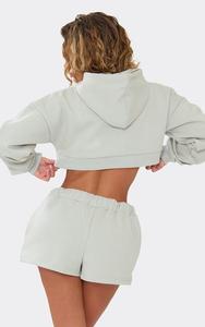 Certified Mid Rise Drawstring Waist Sweat Shorts In Grey Women Cropped Hoodies 2 Pieces Heavyweight Cotton Track Suit Factory - Product Image 4