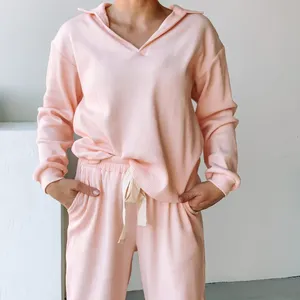 디자이너 사용자 정의 숙녀 여자 여성 2 조각 세트 코튼 잠옷 핑크 짠 Pj Pjs 잠옷 nightwear Mujer 잠옷 여성 세트