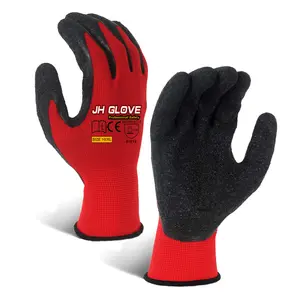 Custom Wholesale Construction Cheap Red Polyester Black Latex Wrinkle Coated Safety Work Gloves