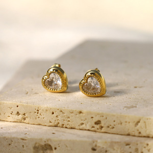 Heart Shape Zircon Stud Earrings Gold Plated Bezel Setting Everyday Wear Women's Jewelry - Product Image 1