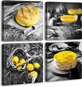 Kitchen wall Art Black and White Yellow Wall art Bread cake fruit canvas print Cafe restaurant Farmhouse kitchen decoration