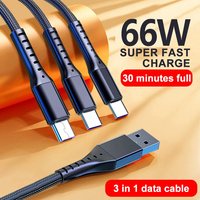Données personnalisées 66W 1.2M Charge super rapide 4 pieds Micro 3 en 1 Câble de chargeur en nylon tressé Multi Usb Charge rapide 5A Type c Câbles
