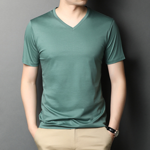 ผ้าที่กำหนดเองผู้ชายธรรมดาสีทึบคอวีแขนสั้นสลิมฟิตเสื้อยืด - Product Image 1