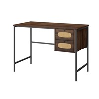 Escritorio de PC Moderno y Sencillo para Estudiantes, Escritorio de Computadora de Madera con Cajones, Mesa de Oficina en Casa, Escritorio de Estudio con Patas de Metal y Ratán