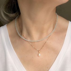 Collier ras du cou personnalisé en acier inoxydable avec fermoir mousqueton, perles d'aigue-marine et breloque DIY en pierres précieuses pour femme - Product Image 6