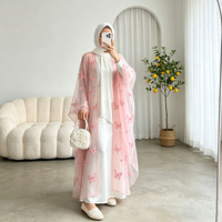 Ensemble Abaya brodé en dentelle rose papillon pour l'Aïd Ramadan, robe de luxe pour femmes, 2 pièces, robe modeste, vente en gros