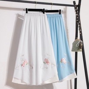 Chinese Style Chiffon Wide Leg Pants Light Blue White Embroidered Floral Elastic Waist Traditional Ethnic Women's Long Pants - Product Image 2