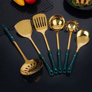 Juego de Utensilios de Cocina de Acero Inoxidable Dorado de Buena Calidad con Mango de Porcelana, 6 Piezas, en Oferta, Ideal para Regalo - Product Image 3