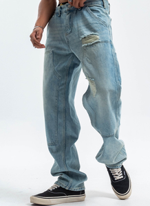 Factory Streetwear Pantalones vaqueros para hombre Pantalones vaqueros rasgados desgastados Pantalones rectos acampanados Baggy <span class=keywords><strong>Jeans</strong></span> de pierna ancha Pantalones <span class=keywords><strong>rotos</strong></span> - Product Image 4