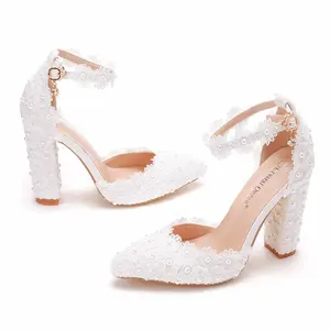 Summer Sexy Women's Wedding Dress Block High Heels New Lace Pointed Sandals Thick Heel Hollow Out Bridesmaid Shoes