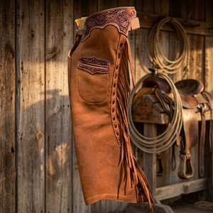 G N Export Chaps classiques western pour homme en cuir véritable premium, durables, ajustables, faits main, avec design à franges, taille mi-haute - Product Image 3