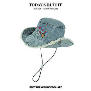 Mùa Hè Mát Mẻ Phụ Nữ Của Xô Mũ Dễ Thương Phim Hoạt Hình Thêu Kem Chống Nắng KT Denim Chất Liệu Mũ Quà Tặng Của Quý Vị Cảm Hứng Từ Hello Kitty - Product Image 4