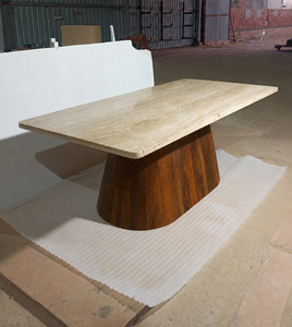 Table à manger rectangulaire moderne en bois massif avec piétement en bois grainé et plateau en travertin marbré, 4 places, mobilier de salle à manger, garantie 3 ans - Product Image 4