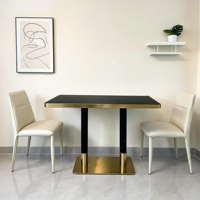 Table à manger rectangulaire avec finition or rose, base à double piétement, table de luxe pour restaurant commercial, hôtel, mobilier de salle à manger, vente en gros