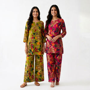 Ensemble Kurti et Palazzo en Rayonne Imprimée à Motifs Floraux pour Femme, Longueur Genou, Tenue Ethnique Coordonnée pour Fête, Mariage, ou Tenue Décontractée - Product Image 1