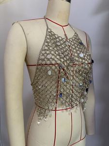 Harnais de corps argenté avec pampilles en cristal, chaîne de poitrine, chaîne à anneaux, bijou de corps à <span class=keywords><strong>disque</strong></span> supérieur, accessoires pour festivals et raves, collier halter - Product Image 3