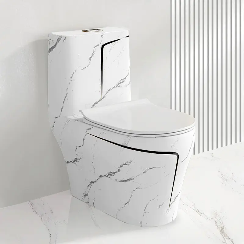 Black Line Marble Design Sanitary Ware Floor Mounted Indoro Toilet Bowl Bathroom Ceramic Water Closet One Piece Toilet Commode
