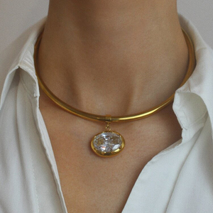 Collar <span class=keywords><strong>Gargantilla</strong></span> de Acero Inoxidable, Collar con Colgante Ovalado Chapado <span class=keywords><strong>en</strong></span> <span class=keywords><strong>Oro</strong></span> de Lujo, <span class=keywords><strong>Gargantilla</strong></span> con Circonitas Brillantes para Mujer - Product Image 1