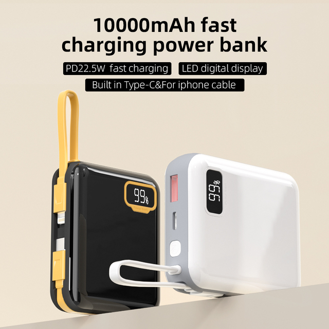 10000mAh With Digital Display Mini Pocket Portable Built in Cable Powerbank PD 22.5W Fast Charge Power Bank
