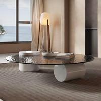 Table basse ronde en verre ondulé gris, plateau en verre trempé, piétement en marbre blanc, style nordique minimaliste pour salon, hôtel